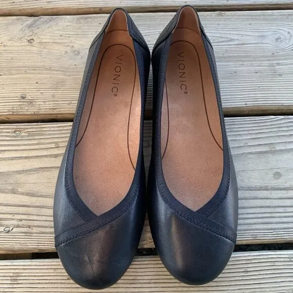 VIONIC Caroll Ballet Flats Leather Black Slip On Comfort Shoe Womens 8.5