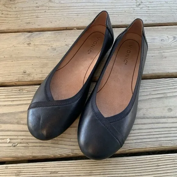 VIONIC Caroll Ballet Flats Leather Black Slip On Comfort Shoe Womens 8.5