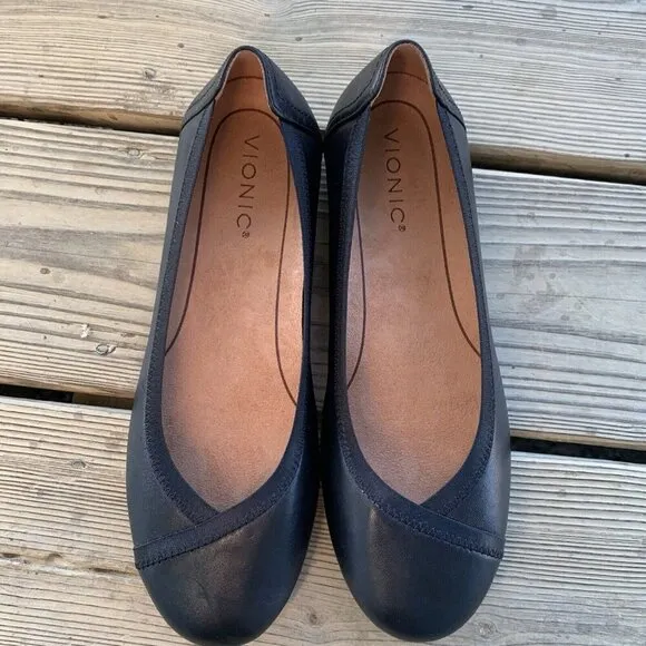 VIONIC Caroll Ballet Flats Leather Black Slip On Comfort Shoe Womens 8.5