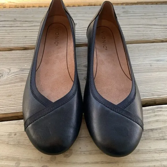 VIONIC Caroll Ballet Flats Leather Black Slip On Comfort Shoe Womens 8.5