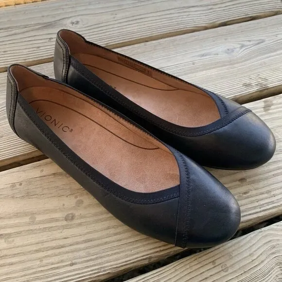 VIONIC Caroll Ballet Flats Leather Black Slip On Comfort Shoe Womens 8.5