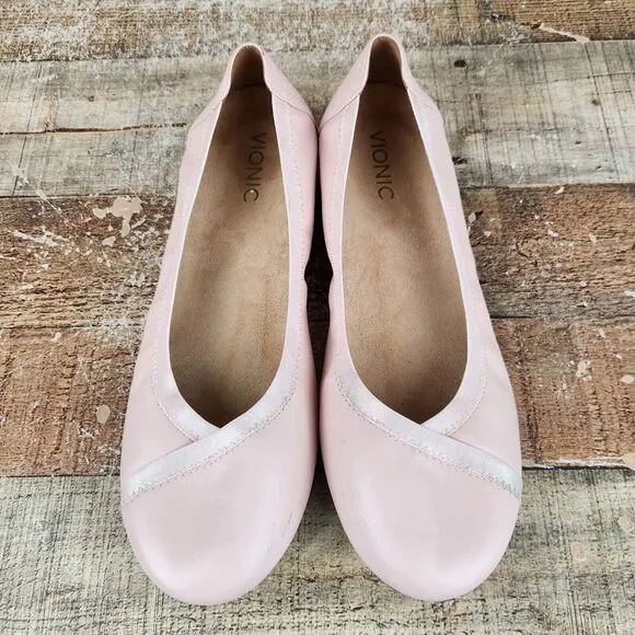 Vionic Caroll Women Sz 9.5 Ballerina Flats Slip On Pink Leather Comfort Shoes