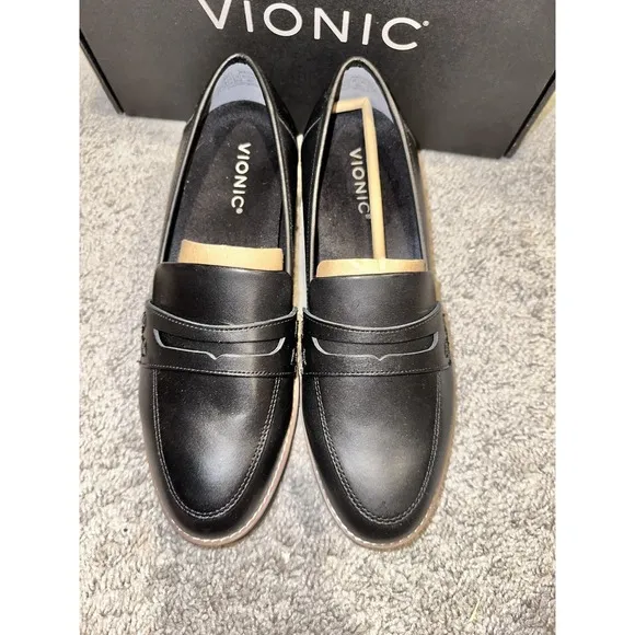 Vionic Cheryl II Black Leather Loafers Lug Arch Support Women's Size 9 W $135