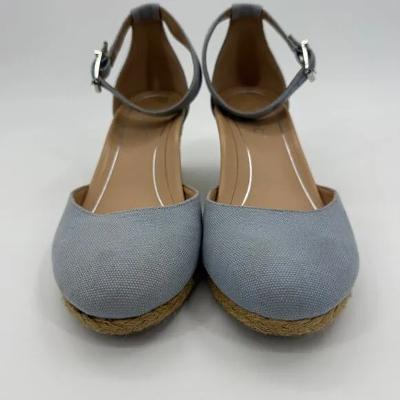 VIONIC Espadrilles Wedges Women 10 Blue Canvas Ankle Strap Closed Toe Amy