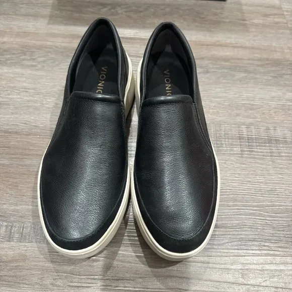 Vionic Kearny Black Smooth Leather Platform Slip On Sneaker Loafers