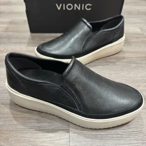 Vionic Kearny Black Smooth Leather Platform Slip On Sneaker Loafers