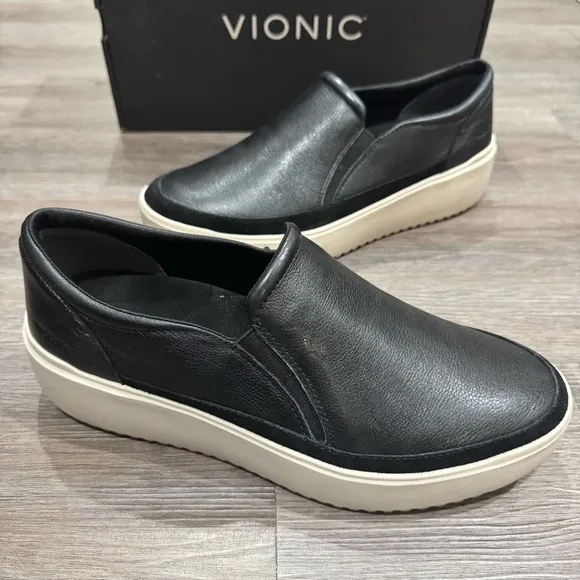 Vionic Kearny Black Smooth Leather Platform Slip On Sneaker Loafers