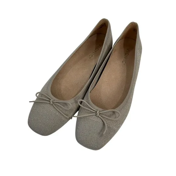 Vionic Klara Womens Beige Oatmeal Gold Knit Ballet Flats SZ 8 Bow Accent-RUN BIG