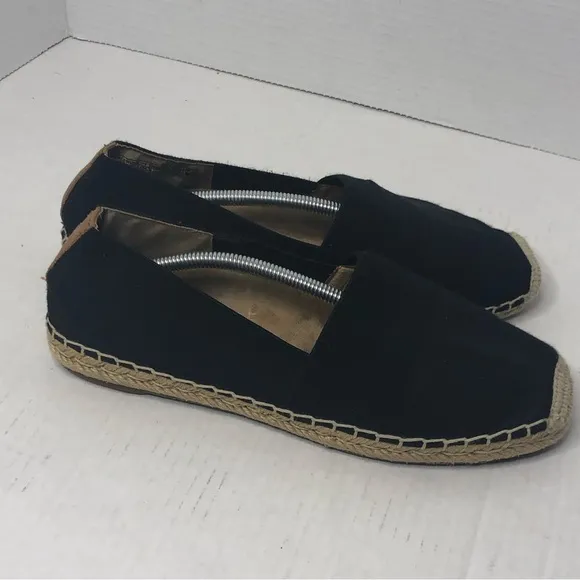 Vionic Loafers Valeri Slip On Shoes Womens 9 Black Tan Canvas Espadrilles Flats