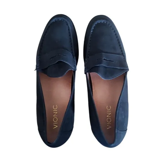 Vionic Loafers Women's Size 9 Suede Waverly Black Leather Slip On Penny Loafers