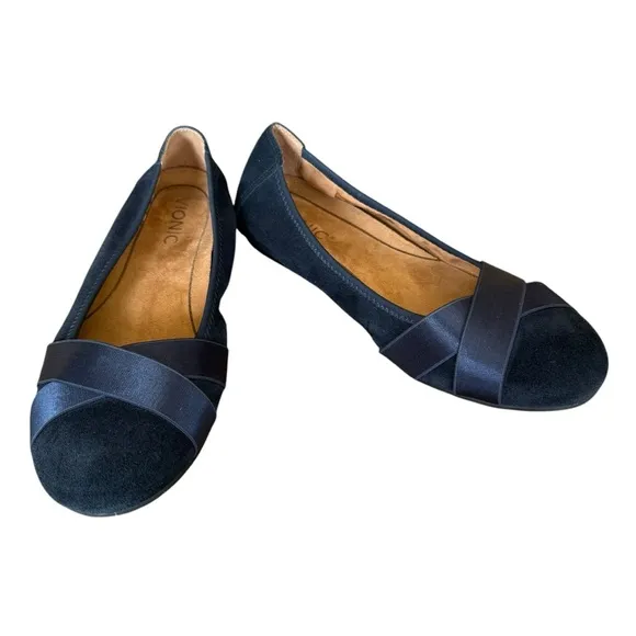 Vionic Maria Navy Suede Criss Cross Ribbon Ballet Flats Women's Size 8W