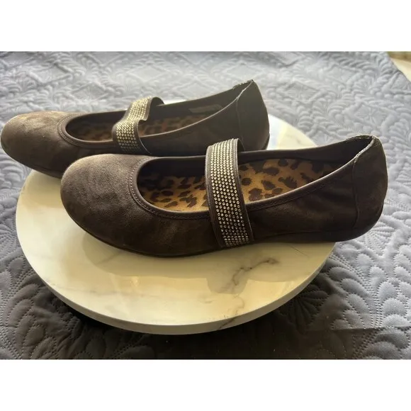 Vionic Orthaheel Fern Mary Jane Shoes Brown SZ8.5 Rhinestone Strap Comfort Flats