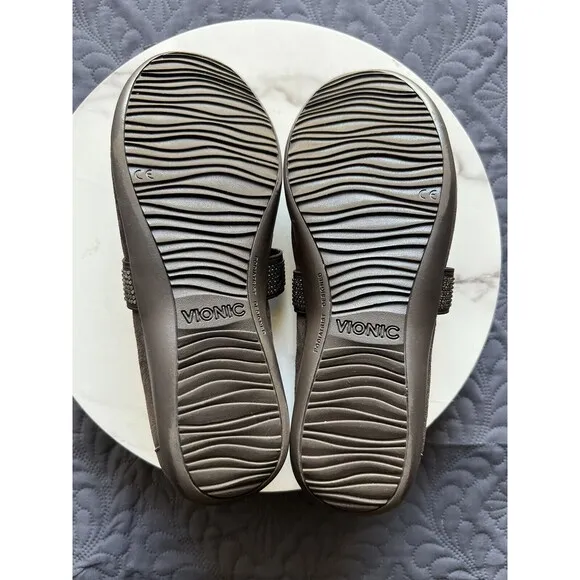Vionic Orthaheel Fern Mary Jane Shoes Brown SZ8.5 Rhinestone Strap Comfort Flats
