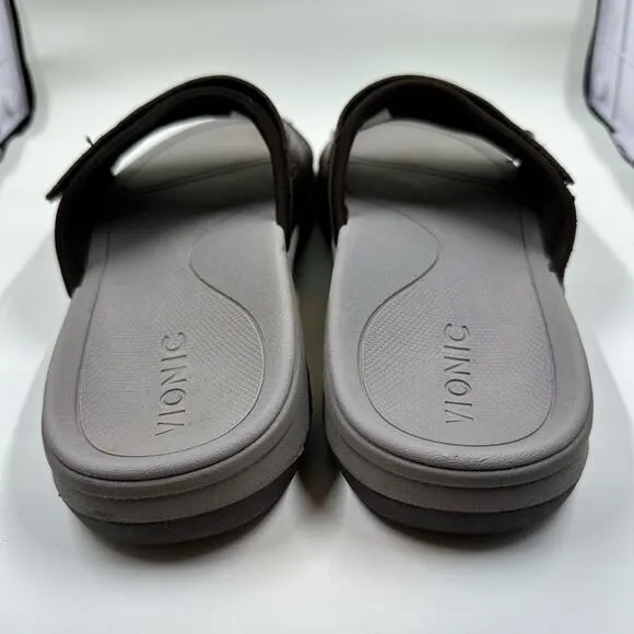 Vionic Stanley Brown Leather Slides Supportive Velcro Size 7 Men or 9 Women UEC!