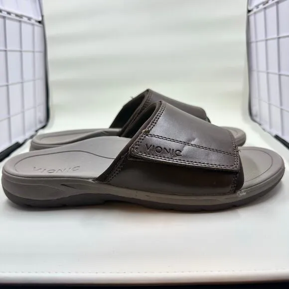 Vionic Stanley Brown Leather Slides Supportive Velcro Size 7 Men or 9 Women UEC!