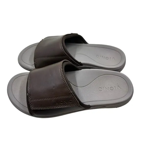 Vionic Stanley Brown Leather Slides Supportive Velcro Size 7 Men or 9 Women UEC!