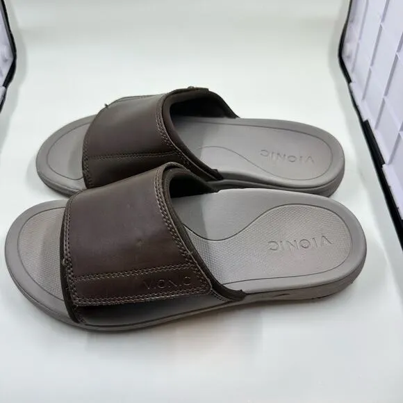 Vionic Stanley Brown Leather Slides Supportive Velcro Size 7 Men or 9 Women UEC!