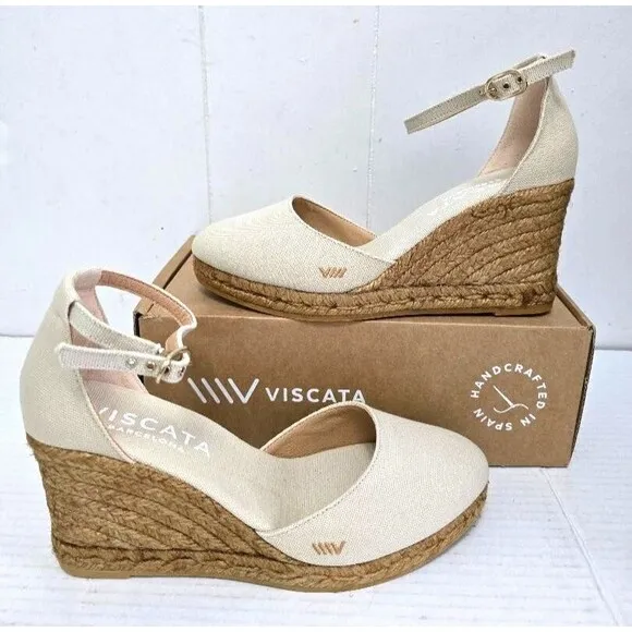 VISCATA BARCELO  Estartit Canvas Espadrille Beige Wedges Women's Size 9 / 40 NIB