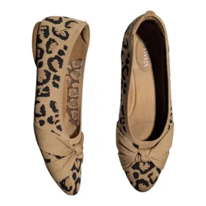 Vivaia Bibi Beige Leopard Print Almond Toe Knot Detail Knit Ballet Flats 41 9.5