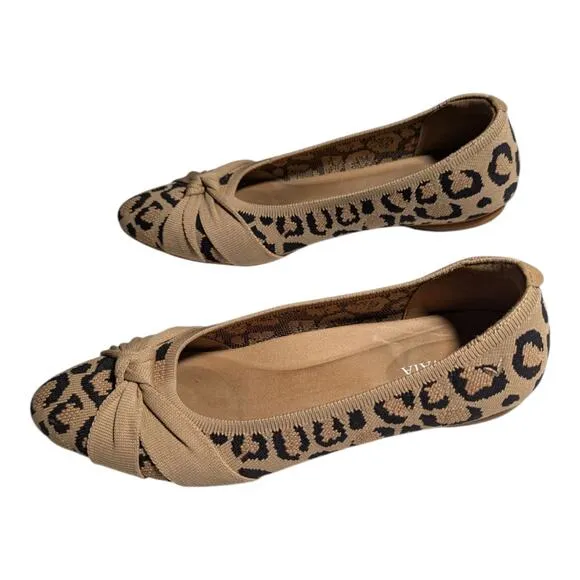Vivaia Bibi Beige Leopard Print Almond Toe Knot Detail Knit Ballet Flats 41 9.5