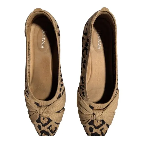 Vivaia Bibi Beige Leopard Print Almond Toe Knot Detail Knit Ballet Flats 41 9.5