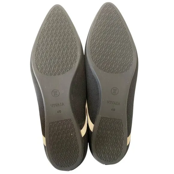 Vivaia Pointed Toe V Cut Flats Slip On Ballet Black Cream Size 40 US 9