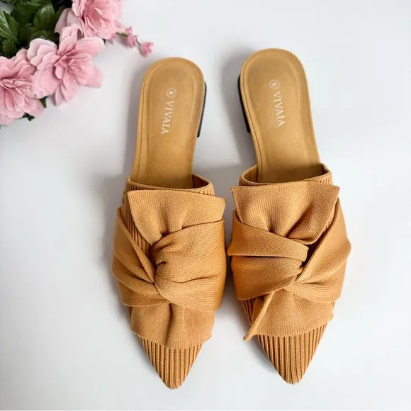 VIVAIA Yaffa Mustard Yellow Knitted Pointed Toe Mules