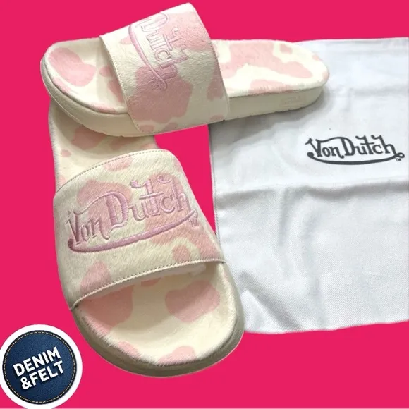 Von Dutch MEN'S PINK &amp; WHITE COW PRINT PONY HAIR SLIDES | NEW/NIB!! 🩷🐮