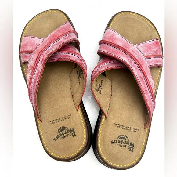 Vtg Dr Martens UK7 Red Leather Criss Cross Unisex Sandals Slides Women 9 Y2K Doc