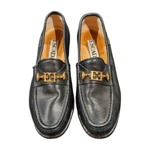 VTG Escada Loafers Black Leather Made In Italy Gold Logo Women's 35.5‎ (5.5 US)