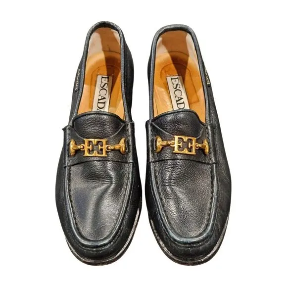 VTG Escada Loafers Black Leather Made In Italy Gold Logo Women's 35.5‎ (5.5 US)