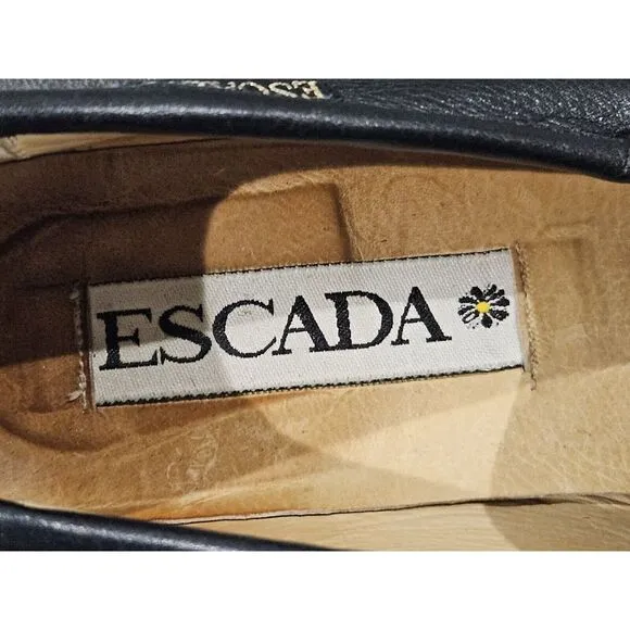 VTG Escada Loafers Black Leather Made In Italy Gold Logo Women's 35.5‎ (5.5 US)