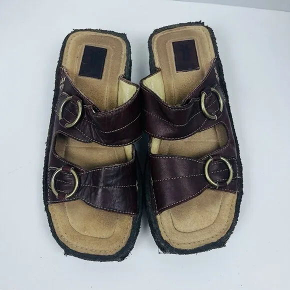 VTG Frye Leather Aztec Slides Sandals Women's Sz 8.5 Rare Chunky Double Buckle