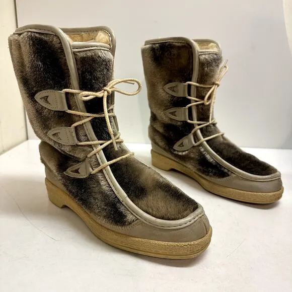 VTG RARE Quoddy 9614 Double Deerskin Leather Fur Moccasin Boots Mukluks USA 8