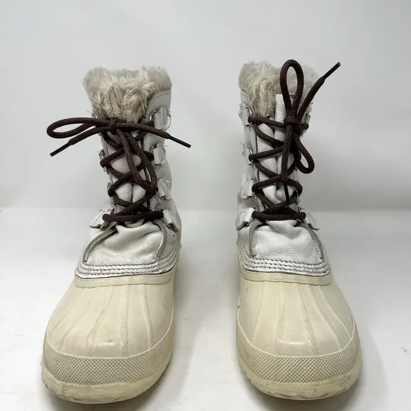 VTG SOREL Nanook Ivory WHITE Leather Winter Snow Boots Wool Lined Fur Edged Sz 8