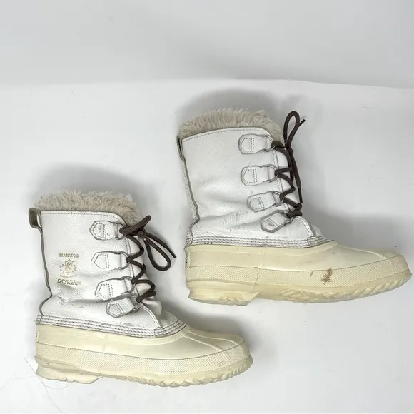 VTG SOREL Nanook Ivory WHITE Leather Winter Snow Boots Wool Lined Fur Edged Sz 8