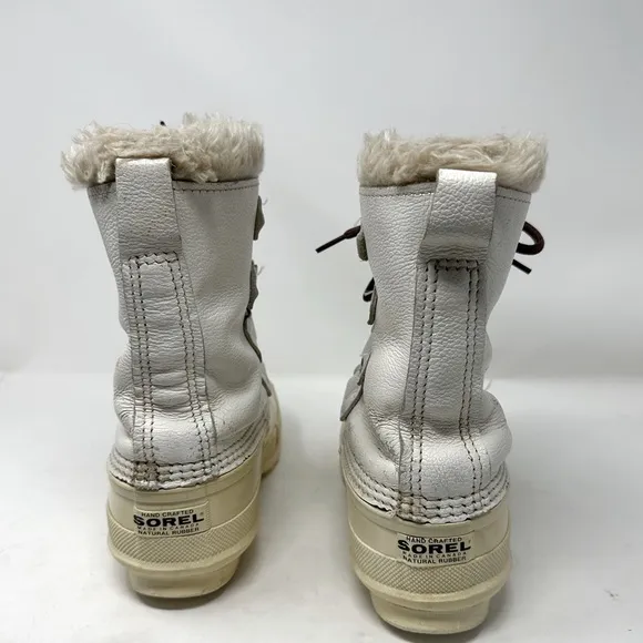 VTG SOREL Nanook Ivory WHITE Leather Winter Snow Boots Wool Lined Fur Edged Sz 8
