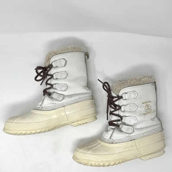 VTG SOREL Nanook Ivory WHITE Leather Winter Snow Boots Wool Lined Fur Edged Sz 8