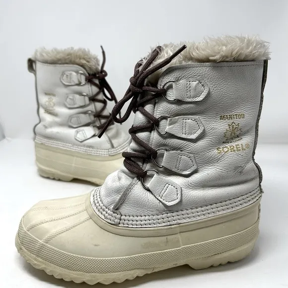 VTG SOREL Nanook Ivory WHITE Leather Winter Snow Boots Wool Lined Fur Edged Sz 8