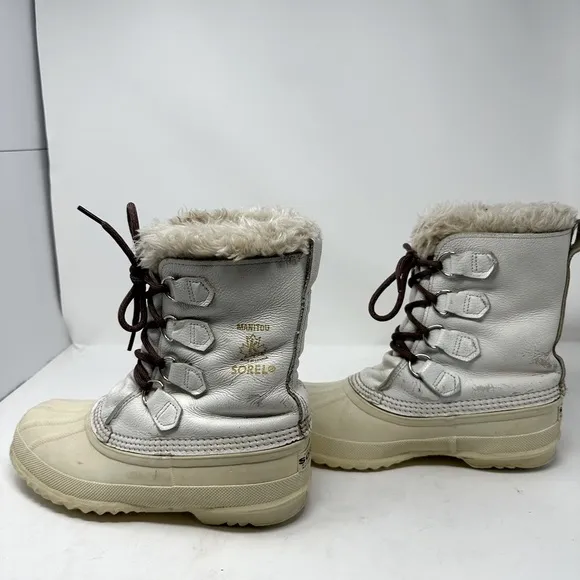 VTG SOREL Nanook Ivory WHITE Leather Winter Snow Boots Wool Lined Fur Edged Sz 8