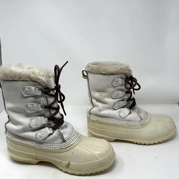 VTG SOREL Nanook Ivory WHITE Leather Winter Snow Boots Wool Lined Fur Edged Sz 8
