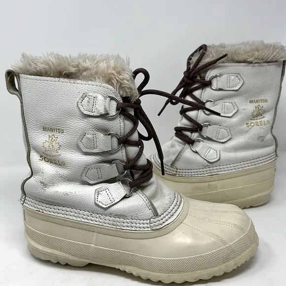VTG SOREL Nanook Ivory WHITE Leather Winter Snow Boots Wool Lined Fur Edged Sz 8