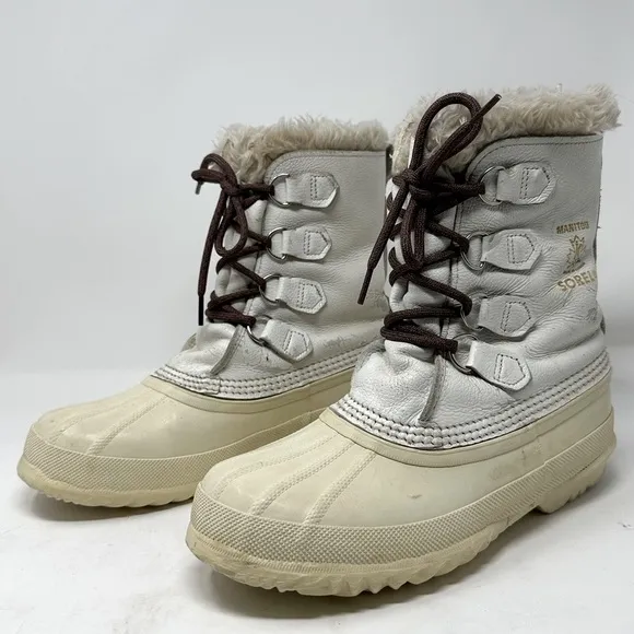VTG SOREL Nanook Ivory WHITE Leather Winter Snow Boots Wool Lined Fur Edged Sz 8
