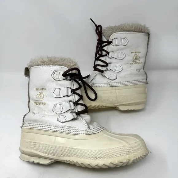 VTG SOREL Nanook Ivory WHITE Leather Winter Snow Boots Wool Lined Fur Edged Sz 8
