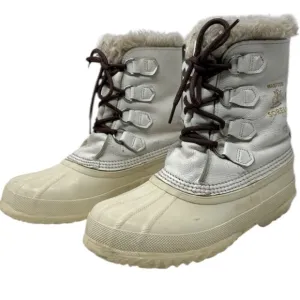 VTG SOREL Nanook Ivory WHITE Leather Winter Snow Boots Wool Lined Fur Edged Sz 8
