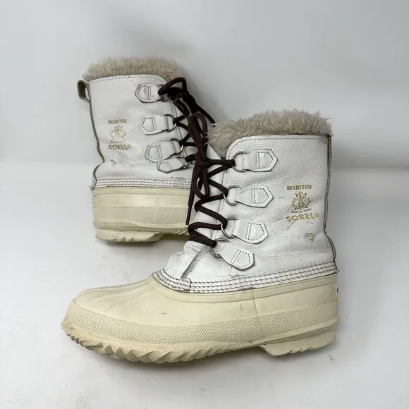 VTG SOREL Nanook Ivory WHITE Leather Winter Snow Boots Wool Lined Fur Edged Sz 8