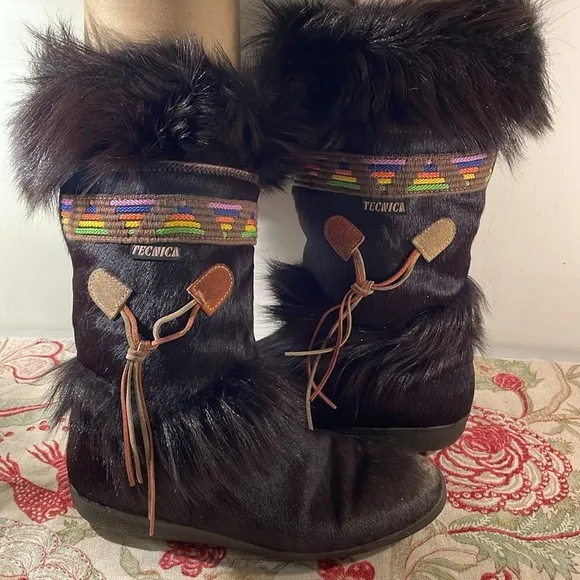 Vtg Tecnica Italian Chocolate Brown Goatskin &amp; Fur Scandia Apres Boots