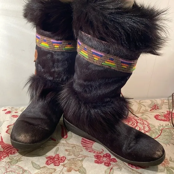 Vtg Tecnica Italian Chocolate Brown Goatskin &amp; Fur Scandia Apres Boots