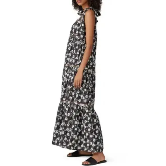 WARM Dress Big Love Floral Tiered Tie Shoulder Maxi Dress Size S Black