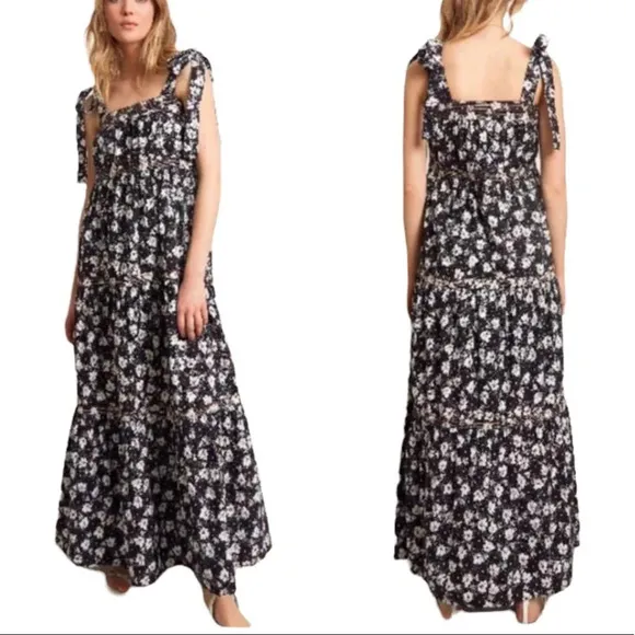 WARM Dress Big Love Floral Tiered Tie Shoulder Maxi Dress Size S Black